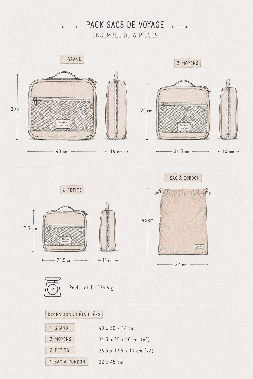 Set complet d'organisateurs de valise Maison Noomaé esquisse